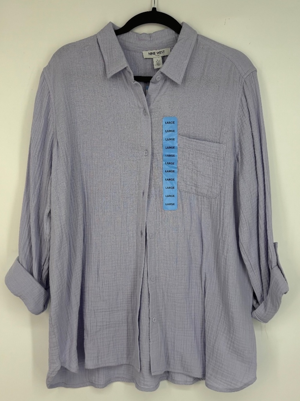 Nine West Womens Large Button Front Big Shirt Lavender Purple Cotton Gauze LS